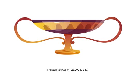 Historical museum element. Sticker with ancient Roman or Greek gilded vase with ornament. Archaeological antique crockery with handles. Cartoon flat vector illustration isolated on white background