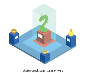 Historical museum exposition isometric vector illustration. Cultural heritage exhibition, showroom with ancient artifacts 3d interior layout isolated on white. Archeological exhibits collection