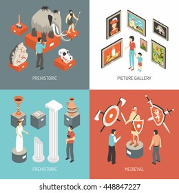 Historical museum medieval hall exhibits and picture gallery 4 isometric icons square banner abstract isolated vector illustration       