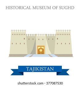 Historical Museum in Sughd in Tajikistan. Flat cartoon style historic sight showplace attraction web site vector illustration. World countries cities vacation travel sightseeing Asia collection.