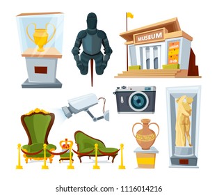 Historical Museum With Various Display Exhibit. Vector Ancient Culture Illustration