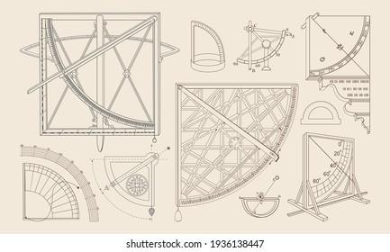 Historical navigation and astronomical measuring instruments.