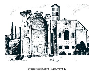 Historical old building. Facade in Lucca. Gothic Baroque style. Ancient Architecture of street in Tuscany Italy. European city on white background. Vector illustration. Hand drawn engraved sketch.