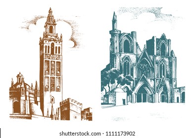 Historical old building. Facade in Venice. Gothic Baroque style. Ancient Architecture of street in Italy. European city on white background. Vector illustration. Hand drawn engraved sketch.