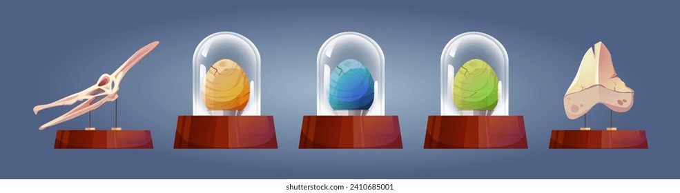 Historisches Paläontologiemuseum mit Schaustück auf Stand unter Glasschutzkuppel. Cartoon Vektorset von archäologischem Artefakt - Dinosaurierskelett Knochen und Schädel, bunte Eier von prähistorischen Tieren.