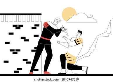 Historical performance with dramatic duel of knights actors in costumes. Performance at Opera and Drama Theater. Vector character linear illustration of cultural event, medieval entertainment show