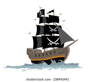 Historical Pirate ship on the sea under black sails and a pirate flag