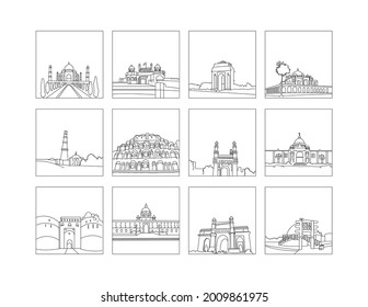 Historical Places Of India, Taj Mahal, Red Fort, India Gate Humayun Tomb, Qutub Minar, Hawa Mahal, Charminar, Victoria line drawing clip art set 