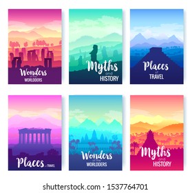 Historical Places To Travel Brochure Cards Set. Template Of Flyer, Magazines, Poster, Books, Banners. Stonehenge, Easter Island, Chichen Itza In Mexico, Acropolis In Athens, Angkor Wat In Cambodia