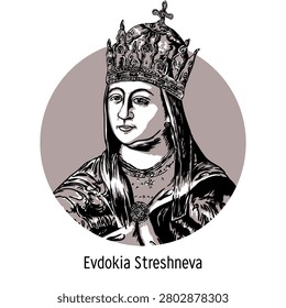 A historical portrait of the Russian Tsarina Evdokia Streshneva, illustrated in the style of traditional Russian painting from the 17th century. Hand-drawn vector illustration