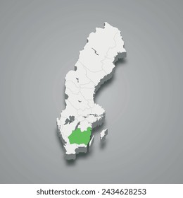 Småland historical province highlighted in red on a grey Sweden 3d map