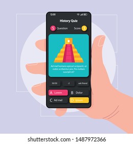 Historical quiz smartphone interface vector template. Mobile app page black design layout. History test screen. Flat UI for application. Hand holding phone with school subject game on display
