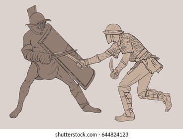 Historical reconstruction of two battling gladiators. The position of one gladiator relative to the other can be slightly changed, because the file is multilayered