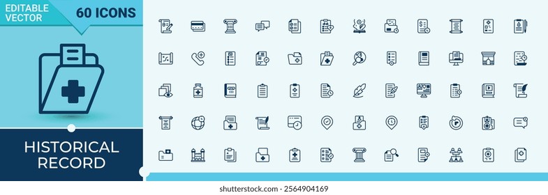 Historical Record linear icon collection. It contains symbols to graphic, ink, paint, book, history, web and more. Minimal icons. Solid line editable stroke.