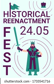 Historical reenactment festival poster flat vector template. Fantasy Medieval. Brochure, booklet one page concept design with cartoon characters. Role play game event flyer, leaflet