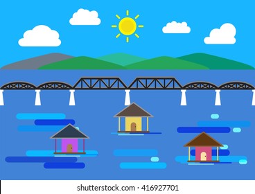 Historical River Kwai Bridge and floating house rafting in river, flat icon vector illustration