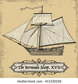 Historical Sailing Ship. Bermuda Sloop Seventeenth Century