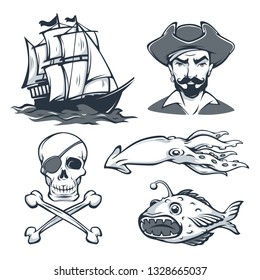 Historical Sailor Vector Collection For Your Retro Loro. Label, Design, Images Of Fish, Kraken, Ship And Pirat