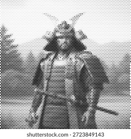 Histórico guerrero samurái de pie con armadura completa, renderizado en un estilo de Vector semitono arenoso. Esta poderosa ilustración captura el honor y la fuerza de los antiguos guerreros japoneses con una intensidad dramática. Ideal para logotipos de escuelas de artes marciales, portadas de libros de historia asiática y carteles de eventos culturales. Perfecto para diseños temáticos de guerreros audaces. Ilustración limpia para un uso versátil en diseños llamativos.