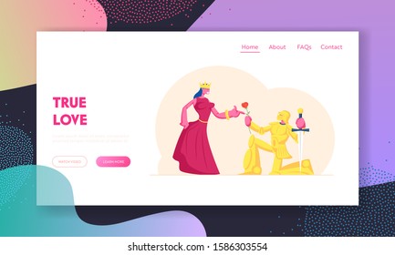 Historical Scene, Actors Playing Roles in Movie Website Landing Page. Knight in Gold Sparkling Armor Stand on Knee with Sword Oath Giving to Queen Web Page Banner. Cartoon Flat Vector Illustration