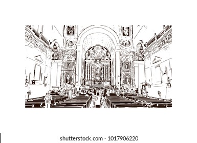 Historical Se Cathedral, Goa, India. Hand drawn sketch illustration in vector.