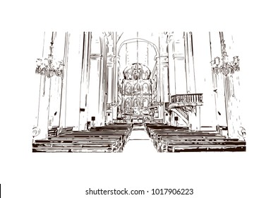 Historical Se Cathedral, Goa, India. Hand drawn sketch illustration in vector.