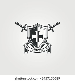 escudo histórico y logotipo de espadas, poderoso Vector de espadas vintage ilustración diseño