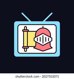 Historical show RGB color icon for dark theme. Period drama TV series. Streaming service. Watch documentary. Isolated vector illustration on night mode background. Simple filled line drawing on black
