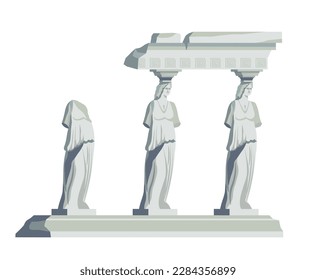 Historical sights and ruins of Ancient Greece or Rome buildings and constructions. Isolated parts of construction of Greek and Roman places. Columns with ornaments and design. Vector in flat style