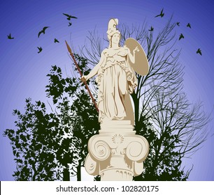 historical statue of Athena on the blu sky background