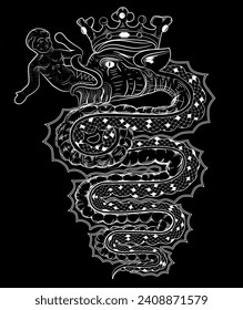 Historical symbol of city of Milan  with snake (Biscione), black and white illustration