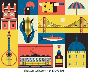 Historical symbols of Lisbon, Portugal. Vector icon set in flat style. Portuguese landmark. Guitar, corn, fish, castle, yellow tram, rooster, cheese, beach, liquor, bridge.