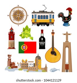 Historical symbols of Portugal Lissabon. Vector icon set in flat style. Portuguese landmark, lighthouse and musical instrument, transport tram and architecture illustration