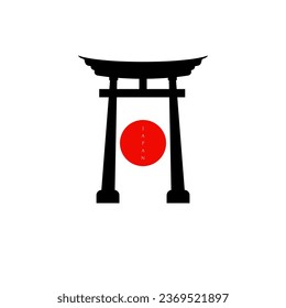 logo histórico de torii gate japón. ilustración vectorial del logotipo del icono de la puerta del orificio del atardecer. monumento a la historia de japón