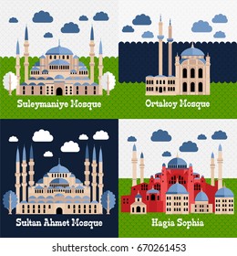 Historical and touristic signs: Suleymaniye, Ortakoy, Sultanahmet Mosque (Blue Mosque) and Hagia Sophia in Istanbul, Turkey. Concept of banner, flyer or invitation flat vector illustration. 