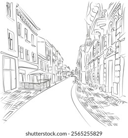 Historical town in modern minimalist style, line vector illustration. Town old street one line drawing.