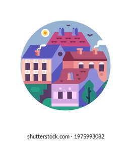 Historical village circle icon with stone homes and chimneys. Colorful flat town with old rural houses.