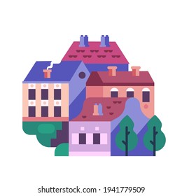 Historical village icon with stone homes and chimneys. Colorful medieval town with old rural houses.