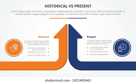 concepto infográfico histórico vs presente versus comparación opuesto para presentación de diapositivas con dirección superior de barra de flecha larga con estilo plano