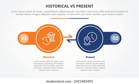historical vs present versus comparison opposite infographic concept for slide presentation with big circle arrow opposite direction with flat style