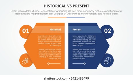 historical vs present versus comparison opposite infographic concept for slide presentation with creative hexagon slice with circle badge with flat style