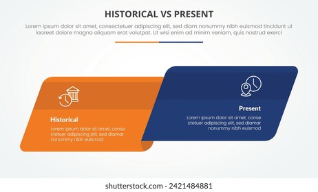concepto infográfico histórico vs presente versus comparación opuesto para presentación de diapositivas con rectángulo redondo esquinado lado a lado con estilo plano