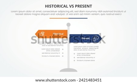 historical vs present versus comparison opposite infographic concept for slide presentation with road signs pillar arrow direction with flat style