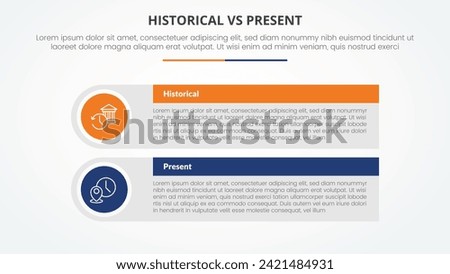 historical vs present versus comparison opposite infographic concept for slide presentation with big rectangle table box with round circle edge with flat style