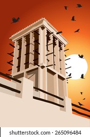 Historical Wind Tower and Birds Vector Illustration Dubai, United Arab Emirates 