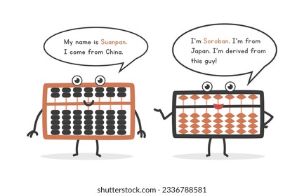 The History of Abacus clipart cartoon style. Ancient wooden calculator Chinese Abacus and Japanese Abacus flat vector illustration. Suanpan and Soroban characters introduction cartoon clip art drawing