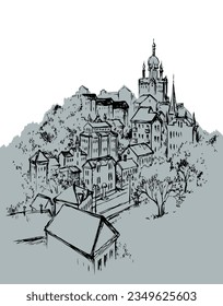 History age autumn fall st square place chapel belfry dome s roof scenic view white sky text space. Outline black ink pen hand drawn winter hill saint center road way scene doodl line art style symbol