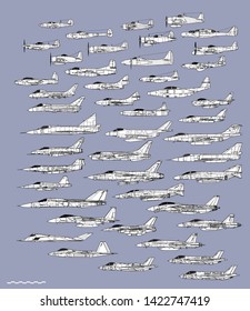 History of american fighters. Outline vector drawing