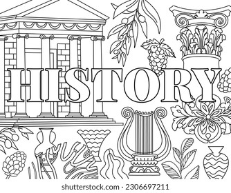 History. Ancient Greece Coloring page. Hand illustrations, Athens antique temple, Corinthian column, pillar. Beautiful drawing with patterns and small details. Coloring book picture