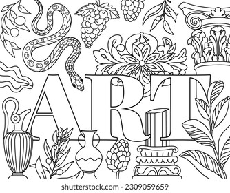 History. Ancient Greece Coloring page. Hand illustrations, Athens antique temple, Corinthian column, pillar. Beautiful drawing with patterns and small details. Coloring book picture